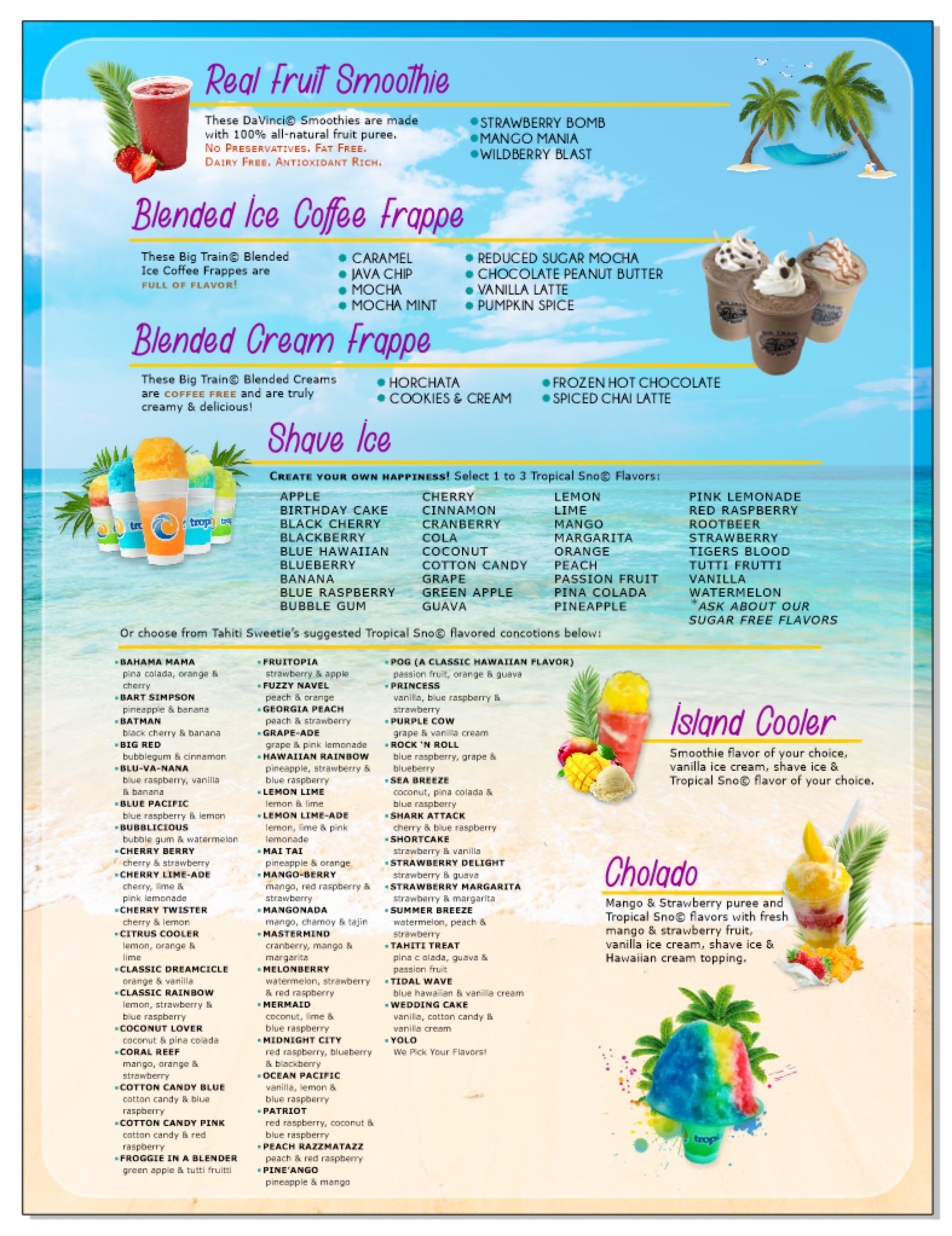 Tahiti Sweetie Shave Ice Menu