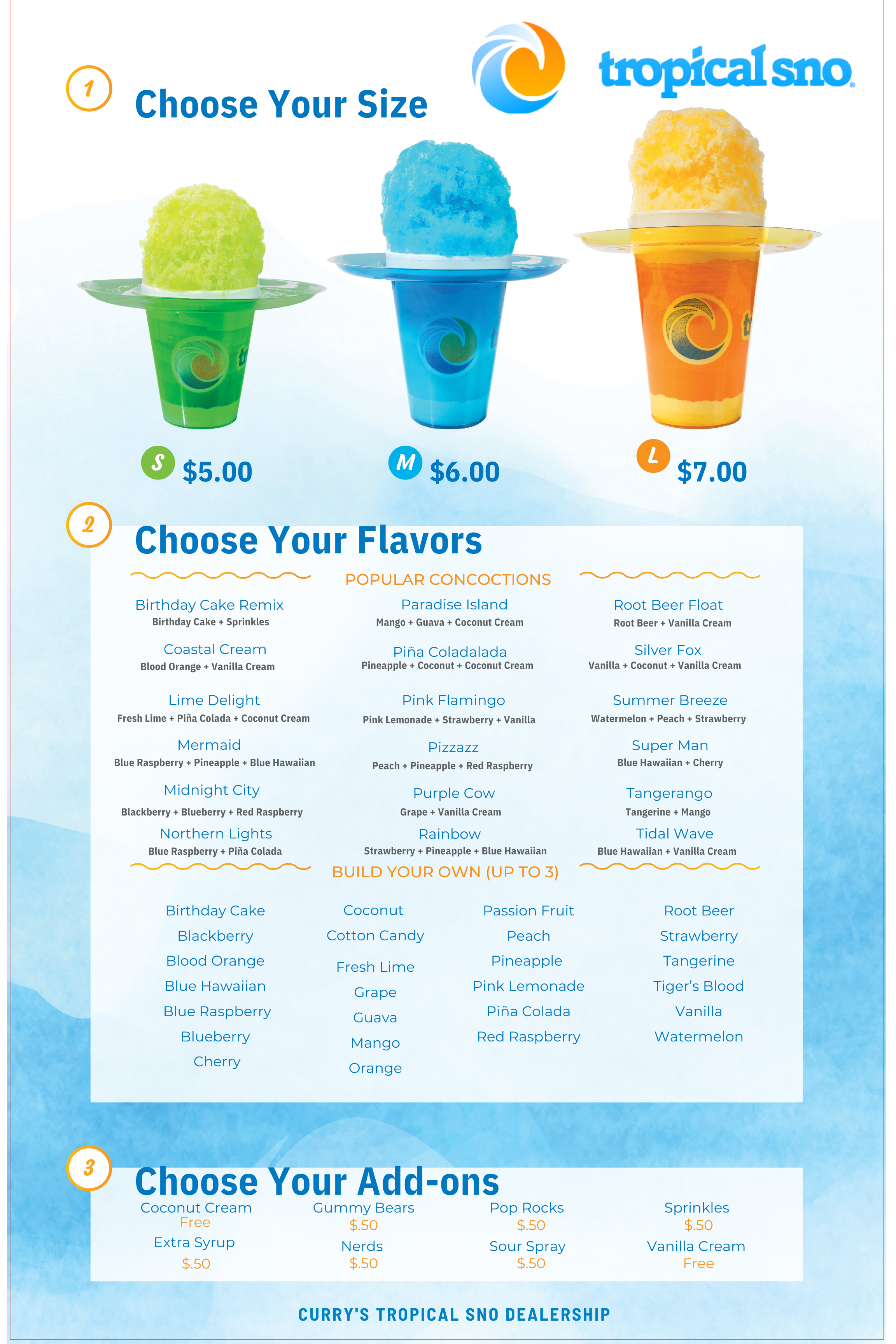 Curry’s Tropical Sno Dealership Menu