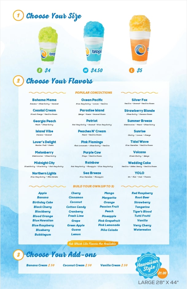 Tropical Sno of Paris Menu