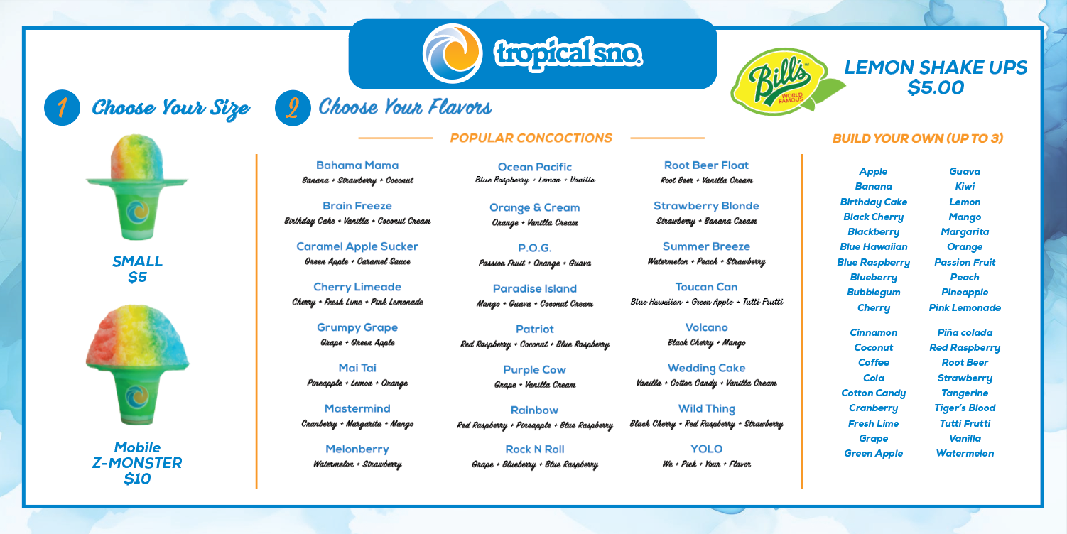 Mobile Tropical Sno Menu