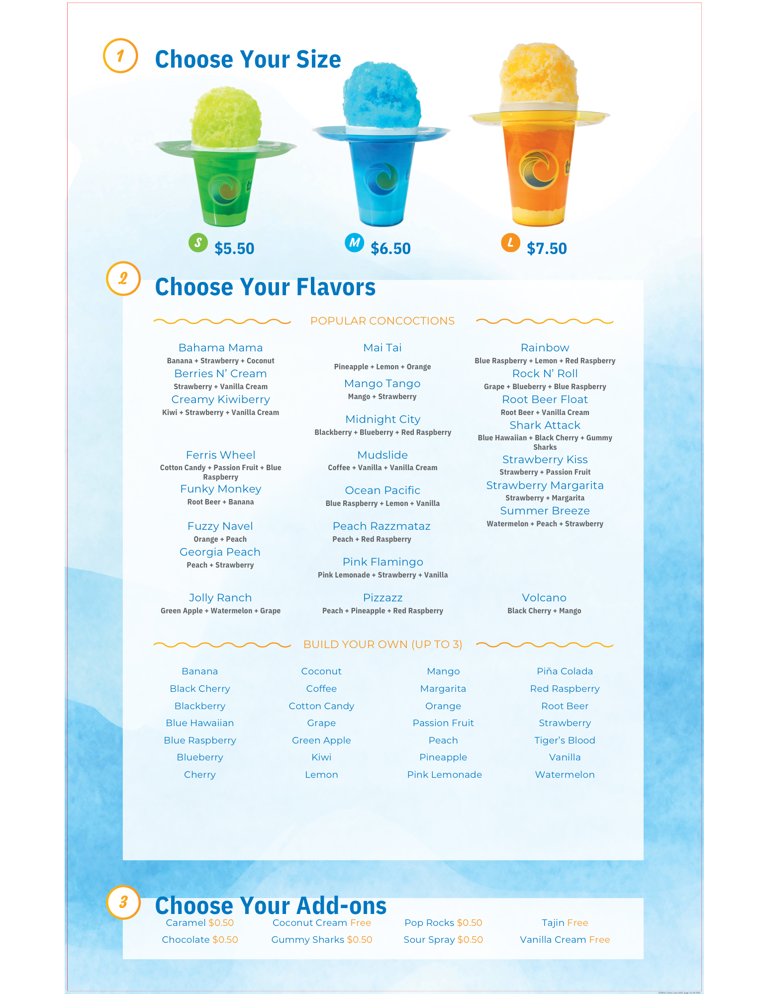 Heights Tropical Sno Dealer Event Menu