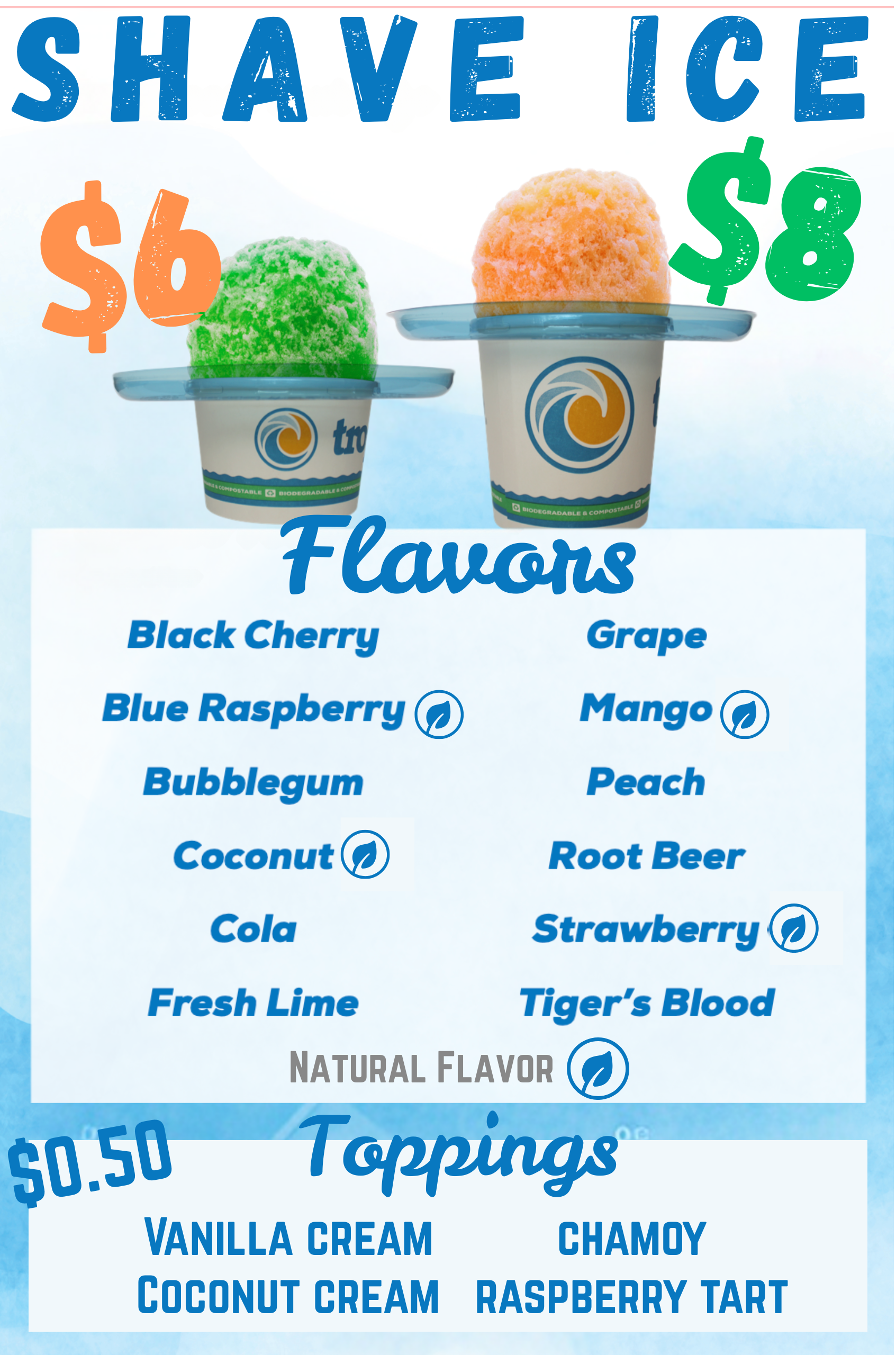 Ro’s Tropical Sno – Bay Area Event Menu