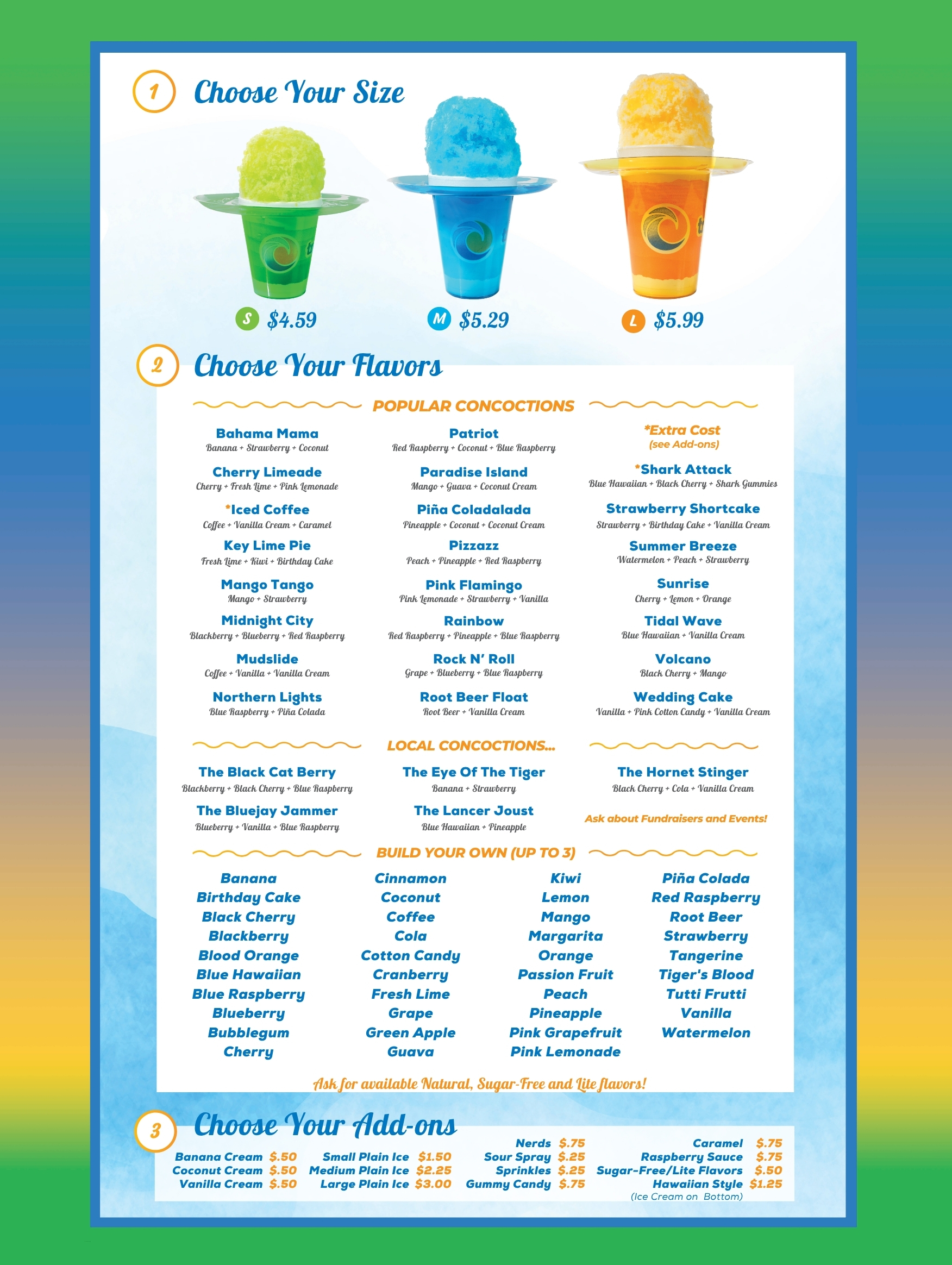 Tropical Sno Festus Menu
