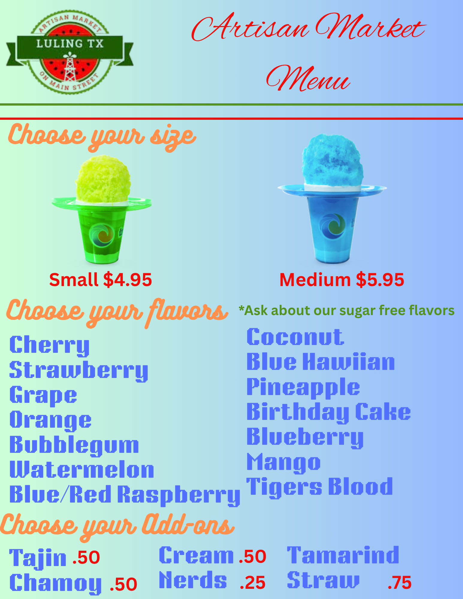 Luling Artisan Market on Main Street Event Menu