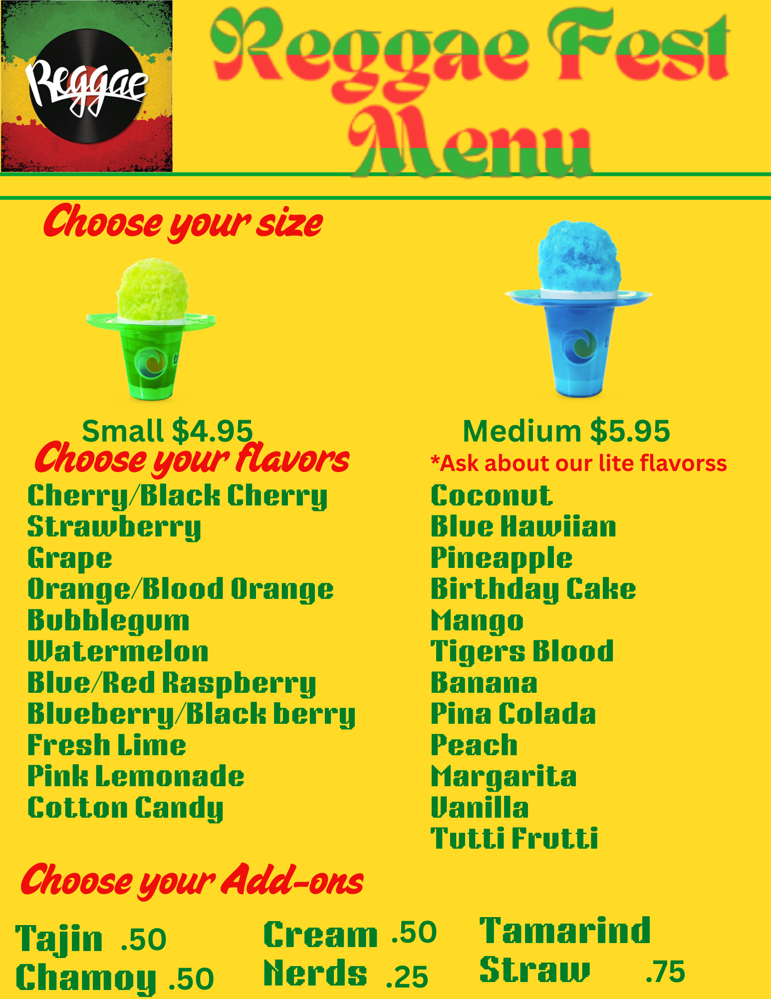 Allstar Sno at The 2025 San Antonio Reggae Fest Event Menu