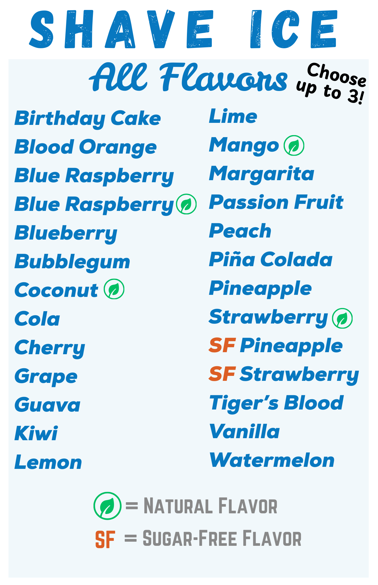 Ro’s Tropical Sno Menu