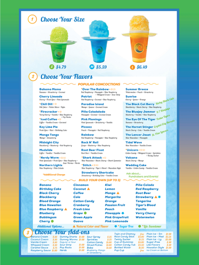 Tropical Sno Festus Menu