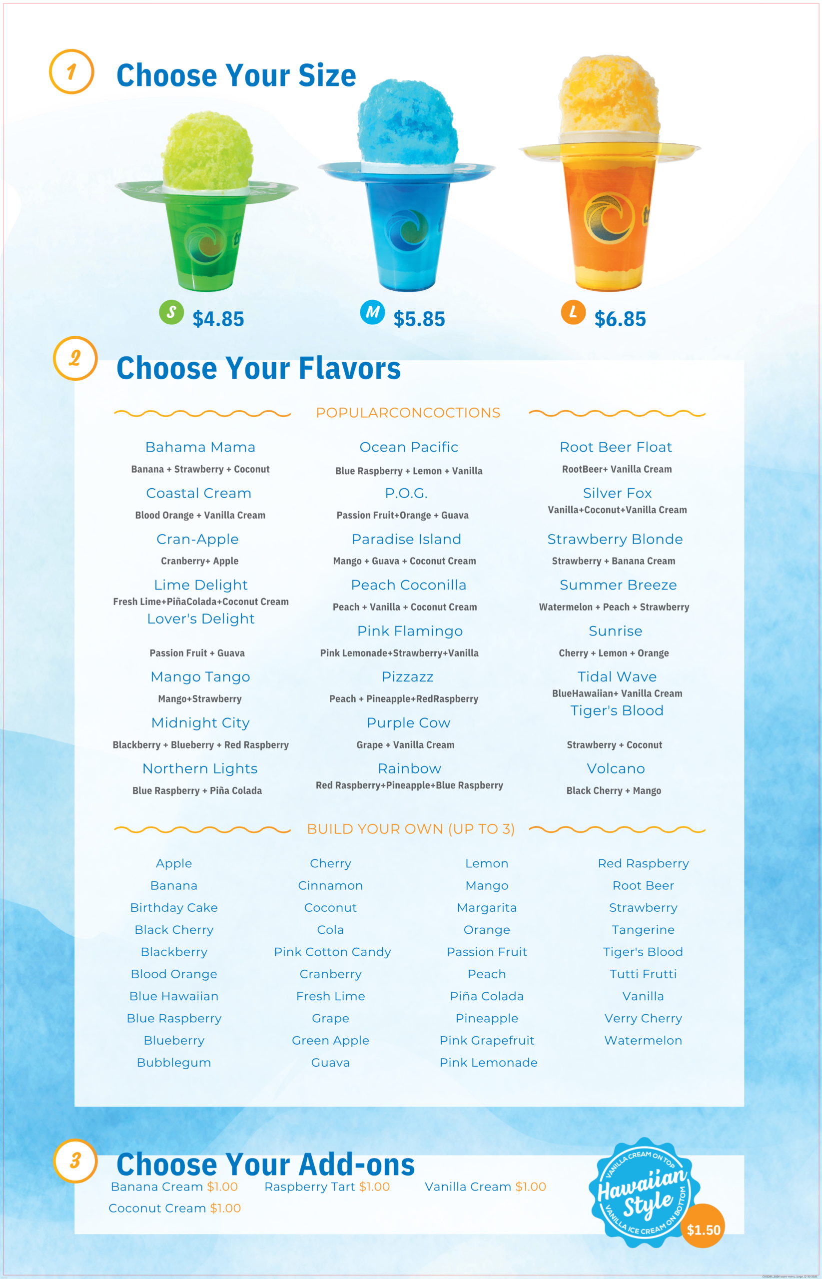 Sno Daze Tropical Sno Menu
