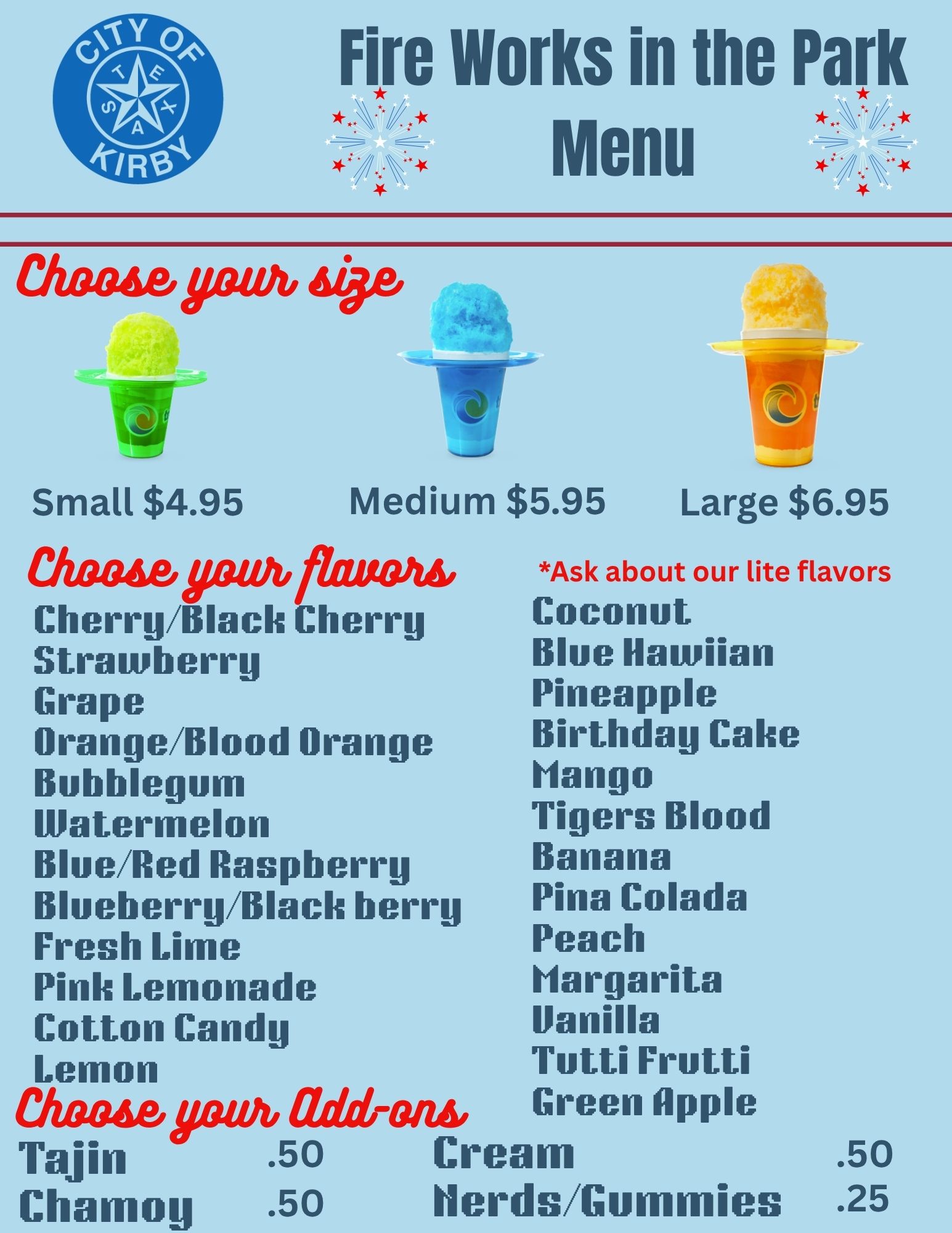 City of Kirby Fireworks in the Park Event Menu