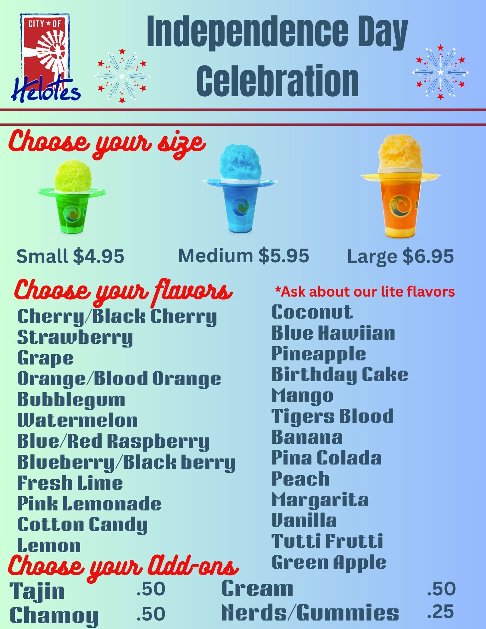 City of Helotes Independence Day Celebration Event Menu