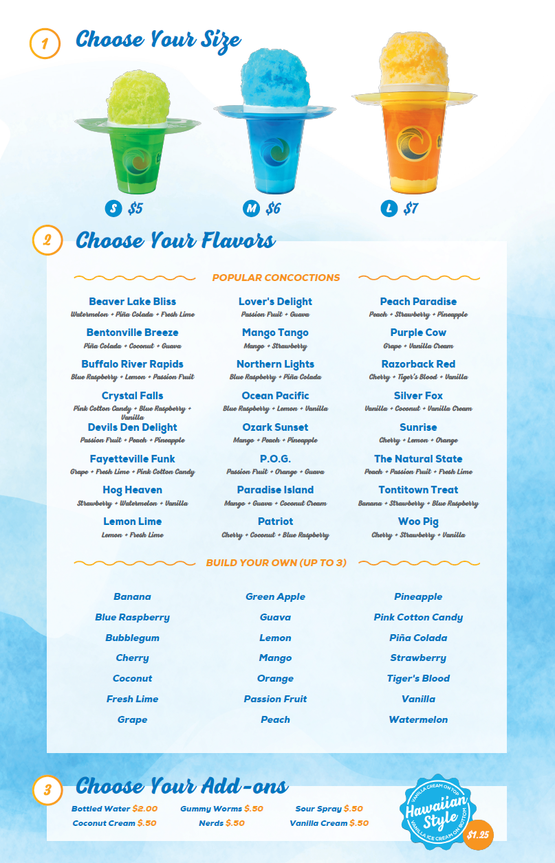Tropical Sno NWA Menu